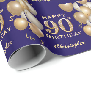 90. Geburtstag Navy Blue und Gold Glitzer Balloons Geschenkpapier