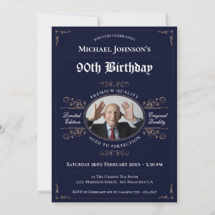 90. Geburtstag Navy Gold Vintage Whiskey-Etikett Einladung