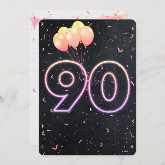 90. Geburtstag Neon Sign auf schwarze Einladung (Vorne/Hinten)