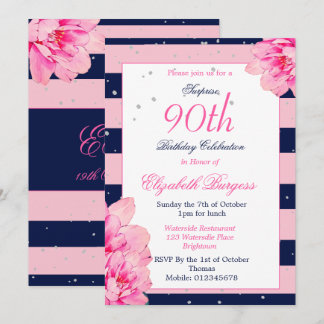 90. Geburtstag Neunzigste Rose Navy Pink Monogram Einladung