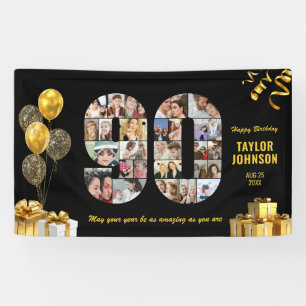 90. Geburtstag Nummer 90 Foto-Collage Schwarz Gold Banner