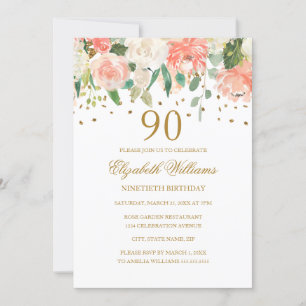 90. Geburtstag Pfirsich Gold Blumen Einladung