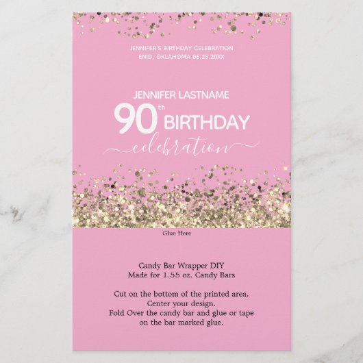 90. Geburtstag Pink Glitzer Candy Bar Wrapper (Vorderseite)