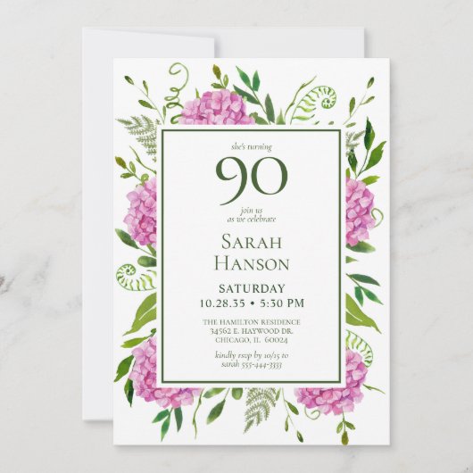 90. Geburtstag Pink Hydrangeas Card Anfrage Einladung (Vorderseite)