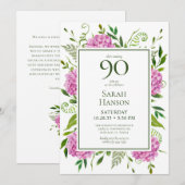 90. Geburtstag Pink Hydrangeas Card Anfrage Einladung (Vorne/Hinten)