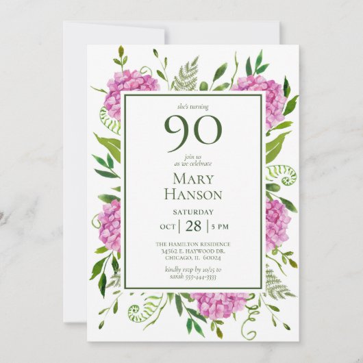 90. Geburtstag Pink Hydrangeas Einladung (Vorderseite)