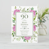 90. Geburtstag Pink Hydrangeas Einladung (Stehend Vorderseite)