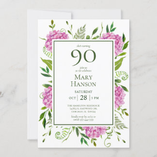90. Geburtstag Pink Hydrangeas Einladung