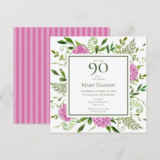 90. Geburtstag Pink Hydrangeas Einladung (Vorne/Hinten)