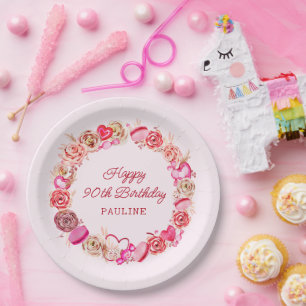 90. Geburtstag Pink Roses Wirbles Herz Pappteller