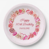 90. Geburtstag Pink Roses Wirbles Herz Pappteller (Vorderseite)