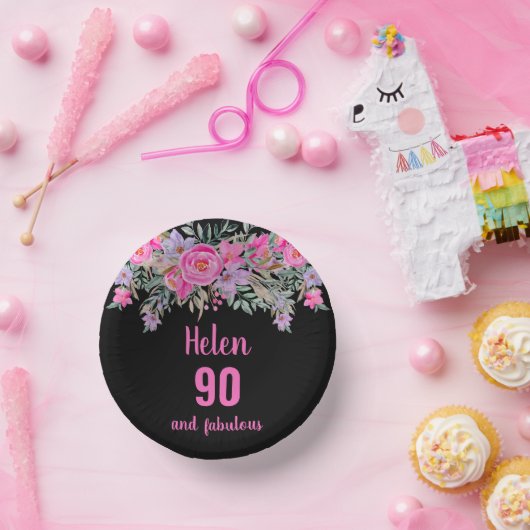 90. Geburtstag pink schwarz Aquarellblume Pappteller (Party)