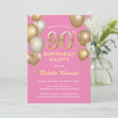 90. Geburtstag Pink und Gold Glitzer Balloons Einladung (Stehend Vorderseite)
