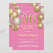 90. Geburtstag Pink und Gold Glitzer Balloons Einladung (Vorne/Hinten)