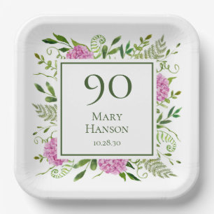 90. Geburtstag Pinke Hortensien Pappteller