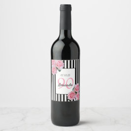 90. Geburtstag pinkfarbene Flora auf Schwarz-weiße Weinetikett