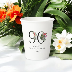 90. Geburtstag Prost mit Namen Tropical Floral Pappbecher