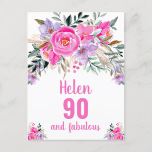 90. Geburtstag rosa Aquarellblorkarte Postkarte