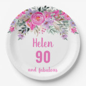90. Geburtstag rosa Aquarellblüte Pappteller (Vorderseite)