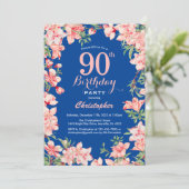 90. Geburtstag Rosa Blume Blau Einladung (Stehend Vorderseite)