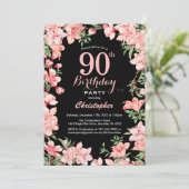 90. Geburtstag Rosa Blume Schwarzer Hintergrund Einladung (Stehend Vorderseite)