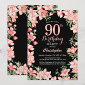90. Geburtstag Rosa Blume Schwarzer Hintergrund Einladung (Vorne/Hinten)