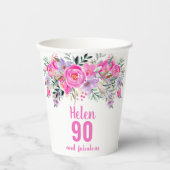 90. Geburtstag rosa Blüte Pappbecher (Vorderseite)
