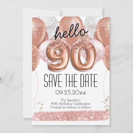 90. Geburtstag Rosa Glitzer Save the Date Einladung (Vorderseite)