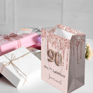 90. Geburtstag Rosa Glitzer Tropfen Rose Gold Mittlere Geschenktüte