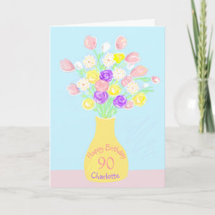 90. Geburtstag rosa & lila Blumen Vase Karte