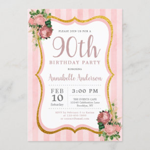 90. Geburtstag Rosa Streifen Floral Gold Glitter C Einladung