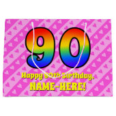 90. Geburtstag: Rosa Streifen & Herz, Regenbogen # Große Geschenktüte (Vorderseite)