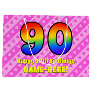 90. Geburtstag: Rosa Streifen & Herz, Regenbogen # Große Geschenktüte