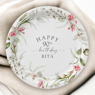 90. Geburtstag Rosa Wasserfarbe Floral Pappteller