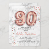 90. Geburtstag - Rose Gold Ballons Marmoreffekt Einladung (Vorne/Hinten)