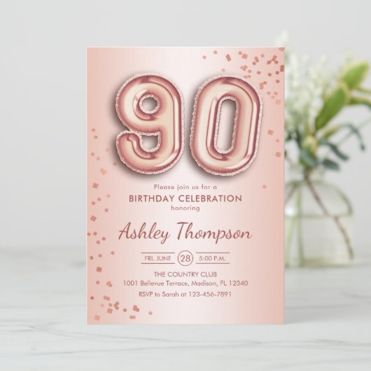 90. Geburtstag - Rose Gold Balloons Einladung (Stehend Vorderseite)