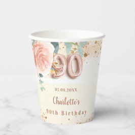 90. Geburtstag Rose Gold floralen Glitzer Goldener Pappbecher