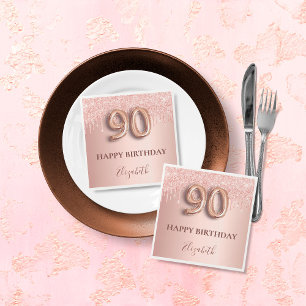 90. Geburtstag Rose Gold Glitzer Rosa Ballon Stil Serviette