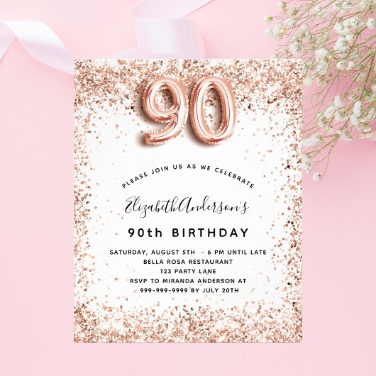 90. Geburtstag Rose Gold Weißes Budget Einladung Flyer