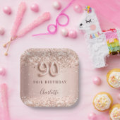 90. Geburtstag Rose Goldblush Glitzer Name Pappteller (Party)