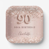 90. Geburtstag Rose Goldblush Glitzer Name Pappteller (Vorderseite)