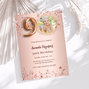 90. Geburtstag rose-goldene Foto-Sterne Luxus Einladung