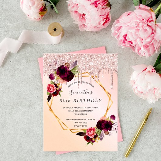 90. Geburtstag Rose Goldfloralen Einladung Postkarte