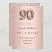 90. Geburtstag Rose Goldpuderdiamanten Einladung (Vorne/Hinten)