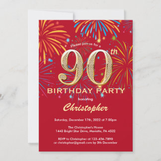 90. Geburtstag Rot und Gold Rainbow Fireworks Einladung