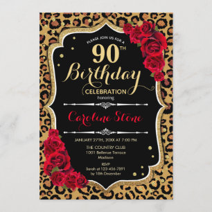90. Geburtstag - Rote Rosen Leopard Print Einladung