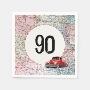 90. Geburtstag roter Retro-LKW auf Straßenkarte Serviette