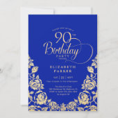90. Geburtstag Royal Blue Gold Rose Einladung (Vorderseite)