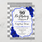 90. Geburtstag - Royal Blue Silver White Streifen Einladung (Vorne/Hinten)