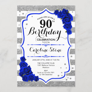 90. Geburtstag - Royal Blue Silver White Streifen Einladung